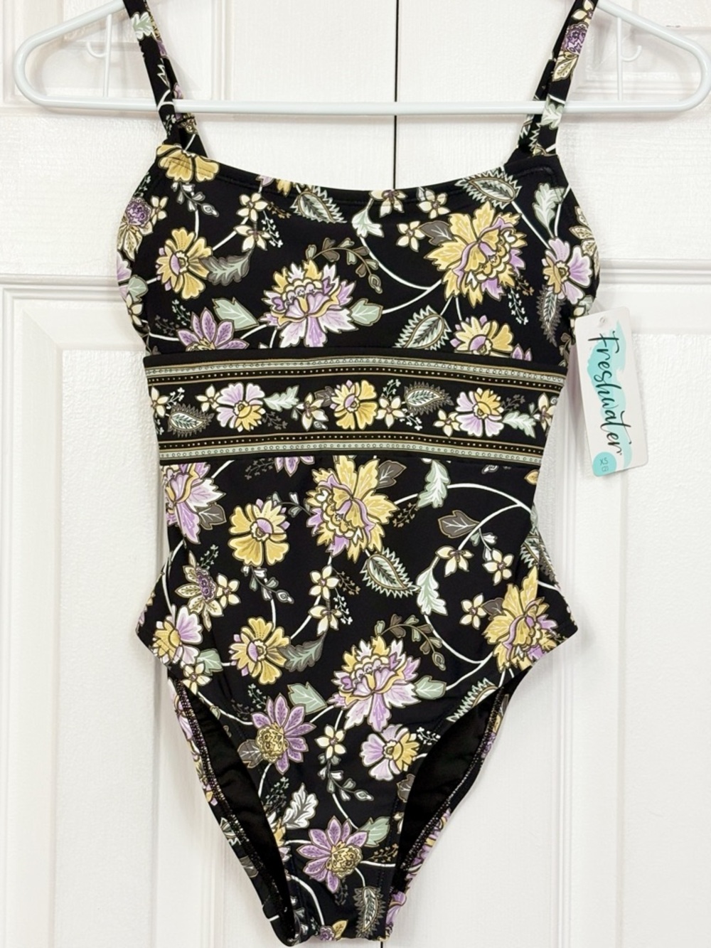 NWT Freshwater Black Floral Vine Boho Gypsy Soul One Piece Swimsuit XS